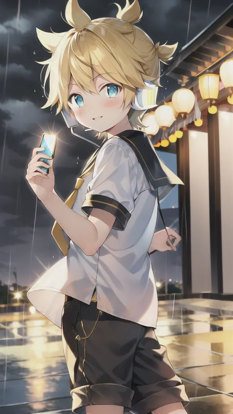 best quality, 10 year old boy, kagamine len, cute,, over small sailor uniform, shorts, necktie, earphone, parted lips, full blus...