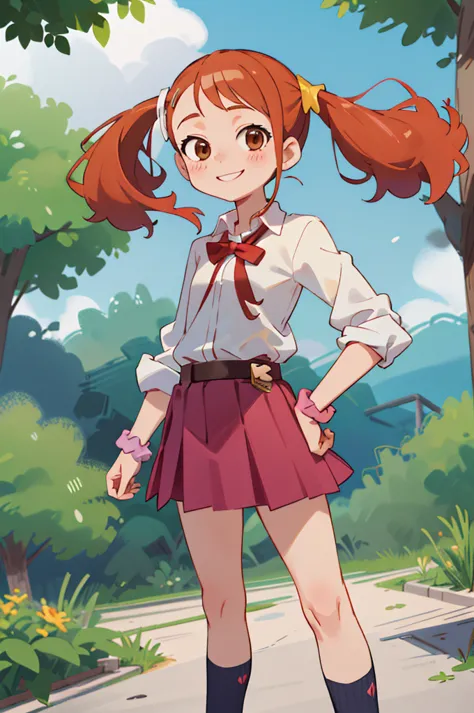 masterpiece, best quality, highres, 1girl,6yo,,,flat chest, anjou naruko, hairclip,, school uniform, sleeves rolled up, wrist sc...