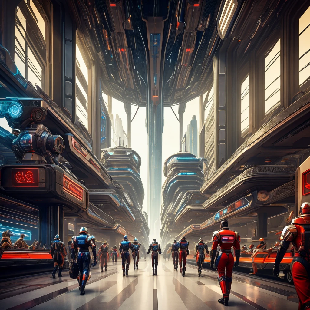 one city with focus on "Agora Hall" in a retro-futuristic style from the 1950s. The hall should be filled with people, all dressed in retro-futuristic attire. Some are wearing sleek, mid-century modern clothing with futuristic twists, while others are in uniforms reminiscent of a spacefaring society. A few individuals are clad in ornate, battle-ready armor with a 1950s sci-fi aesthetic. And the walls feature geometric patterns and futuristic murals. The atmosphere is bustling, capturing the energy and diversity of this imagined society. The overall scene combines vintage futuristic design with a sense of community and readiness for adventure
