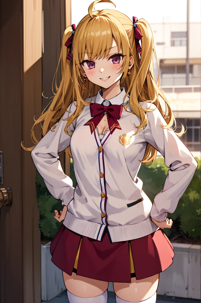 masterpiece, best quality, highres,1girl,6yo,,,small breasts,cleavage,(gyaru), hmtr, two side up, long hair, ahoge, hair ribbon, red ribbon, earrings, jewelry, red bowtie, white cardigan, , long sleeves, red skirt, thighhighs,evil smile, outdoor, hand on hip,,(((cowboy shot)))