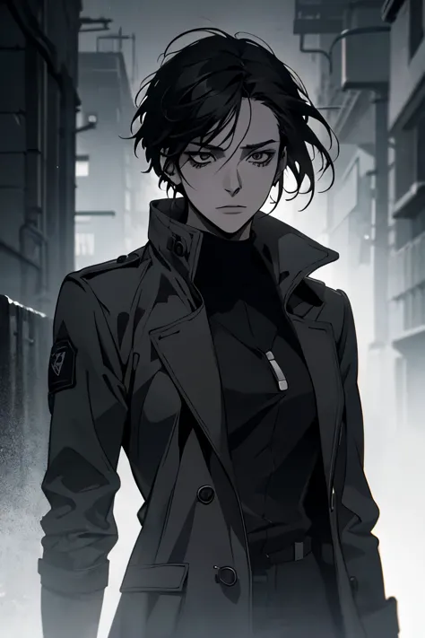 a woman with short black hair, black eyes, wearing black clothes, camouflage, coat, expressionless face, doctor, anime style, hi...