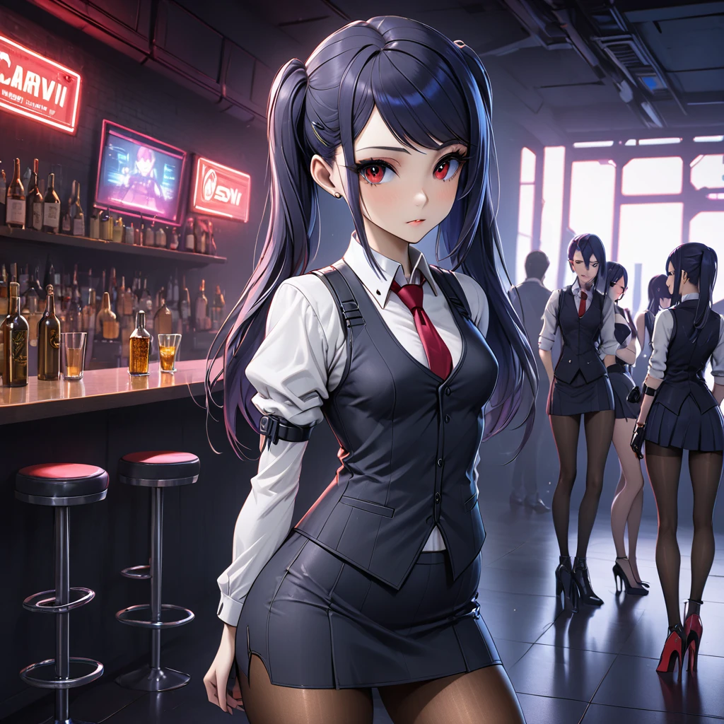 8k, arms behind back, slim figure, flat bust, sparkling red eyes, Light blue eyelashes, high-heels, dark skirt, seductiv, Charming, small tit, jill stingray, necktie, pantyhose, skirt, vest, white shirt, cyberpunk styled bar, masterpiece