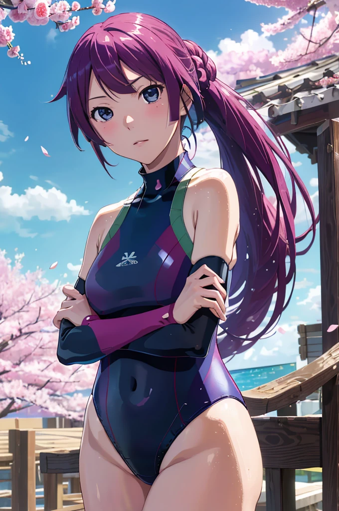 masterpiece, Best Quality, High resolution, S1, Senjougahara Hitagi, Long Hair, Long sleeve,((( High neck swimsuit Rosa Claro))),Thighs , Cowboy Shot, Crossed arms,cherry blossoms