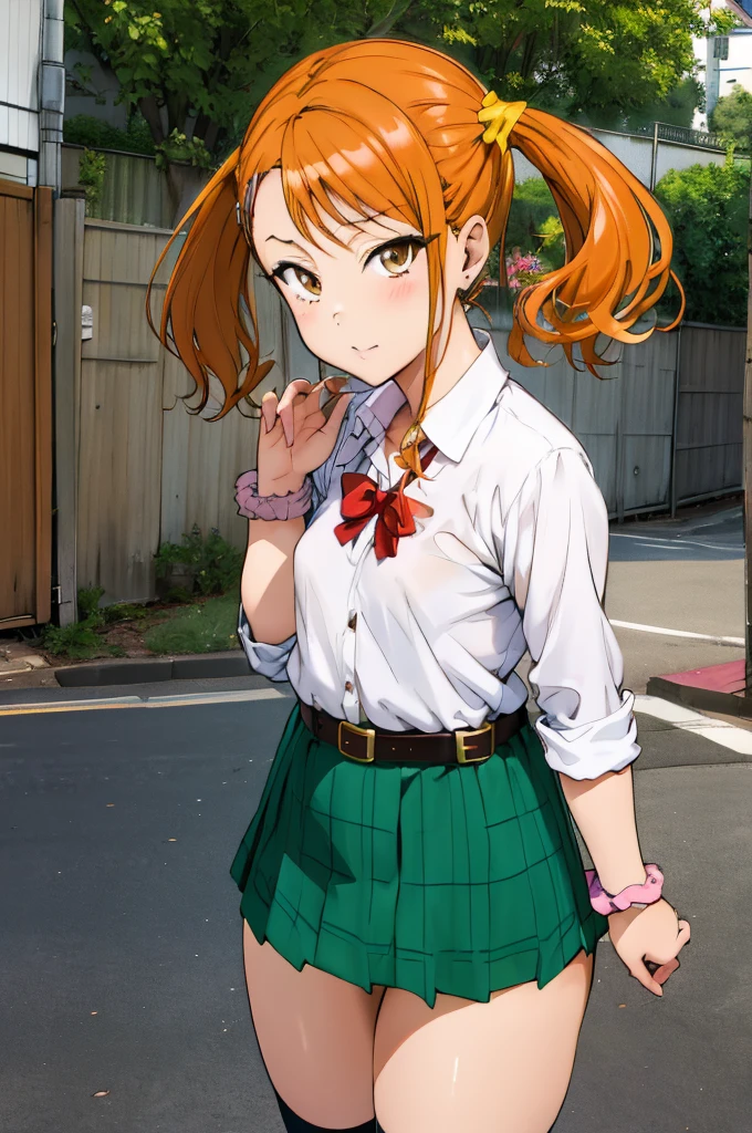 masterpiece, best quality, highres, 1girl,6yo,,,small breasts, anjou naruko, hairclip,, school uniform, sleeves rolled up, wrist scrunchie, belt, white shirt, microskirt, socks, twintails, standing, outdoors, looking viewer,(gyaru),,thigh,