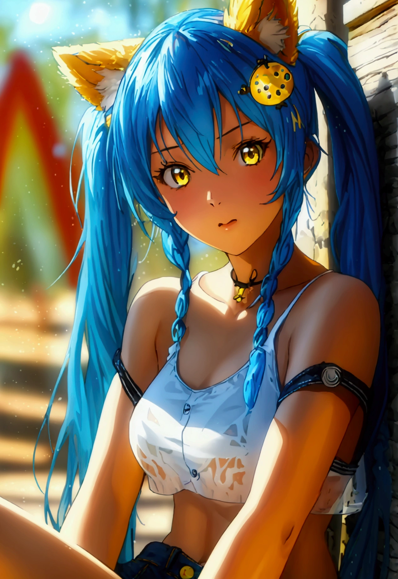 (masterpiece), best quality, expressive eyes, perfect face, 1girl, solo, long hair, blue hair, twin braids, hair ornament, yellow eyes, hair over shoulder, full body, white sports bra, (see through), black bra, Jeans shorts, (buttonless), looking at viewer, winking, Playground, 