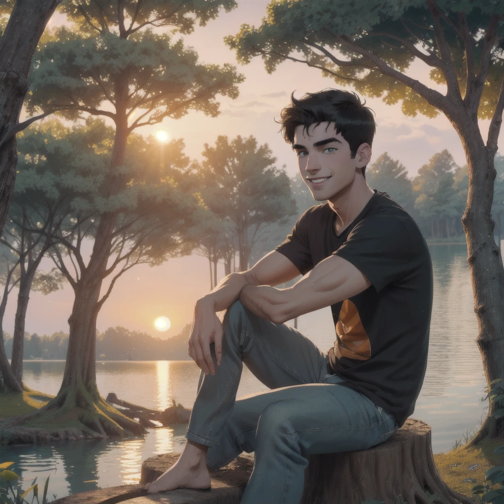 Percy Jackson, a young demigod around , is sitting on a tree stump by a calm lake at sunset. He has dark hair and sea-green eyes, wearing an orange Camp Half-Blood t-shirt and worn-out jeans. Percy is slightly leaning forward with a confident smile on his face, gesturing with his hands as if he's telling an exciting story to someone sitting next to him. The surrounding scene is serene, with tall trees and the soft light of the setting sun reflecting on the lake, creating a magical and peaceful atmosphere.