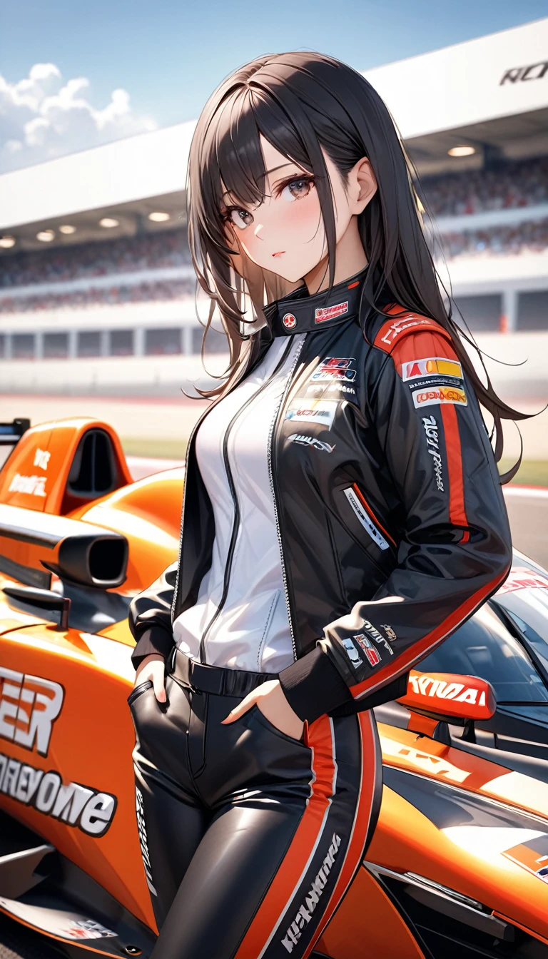 Beautiful female racing driver wearing black leather jacket.Domineering temperament,Full of confidence and dignity.Cold and indifferent expression,Exuding an aura of inviolability。standing next to racing car.Demonstrate outstanding leadership skills。perfect composition.best quality、High resolution、、sharpest focus、Hyper-realistic photos、Super accurate photos、Depth of Field、perfect anatomy，and texture details、Bright and fresh filter light and shadow、Scenery background、dream