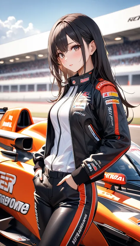 beautiful female racing driver wearing black leather jacket.domineering temperament,full of confidence and dignity.cold and indi...