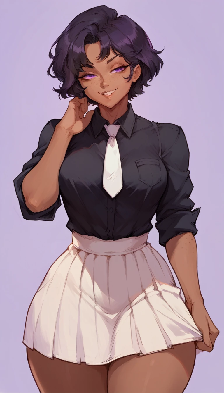 (solo) female , black short hair, woman, attractive,black shirt, white necktie, red bow, sleeves rolled up, skirt, thicc, freckles, freckles on face, smug eyes, (happy expression), she is standing look to the viewer , violet background, simple background, thick thighs  (front view)  (dark skin)