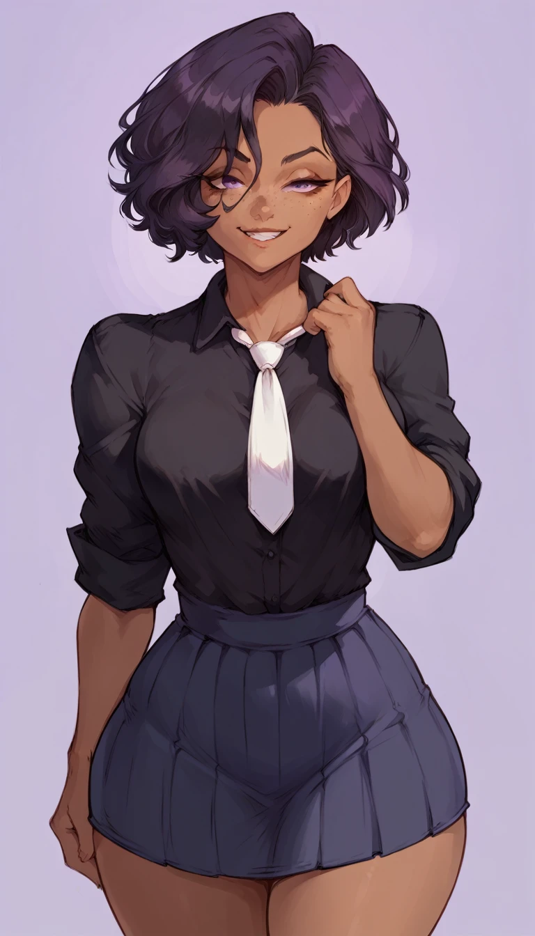 (solo) female , black short hair, woman, attractive,black shirt, white necktie, red bow, sleeves rolled up, skirt, thicc, freckles, freckles on face, smug eyes, (happy expression), she is standing look to the viewer , violet background, simple background, thick thighs  (front view)  (dark skin)