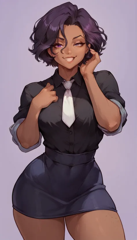 (solo) female , black short hair, woman, attractive,black shirt, white necktie, red bow, sleeves rolled up, skirt, thicc, freckl...