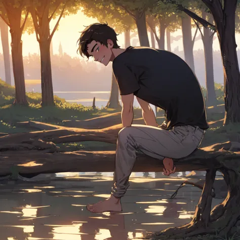 percy jackson, a young demigod around , is sitting on a tree stump by a calm lake at sunset. he has dark hair and sea-green eyes...