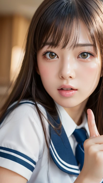 (Tabletop:1.3), (8k, Realistic, RAW Photos, Highest quality: 1.4), Japanese, (One Girl), Beautiful Face, (Realistic Face), (Black Hair), Beautiful hairstyle, Realistic eyes, Beautiful attention to detail, (Realistic Skin), Beautiful Skin, Charm, Ultra-high resolution, Surreal, Very detailed, Golden Ratio,school uniform.blush、Put Index Finger on Mouth