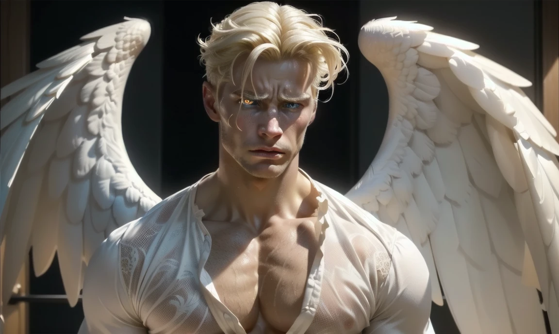 [((highly detailed, detailed eyes, detailed face, clear and realistic facial features, photorealistic, realistic light, cinematic)), (1 man), (((((Gorgeous perfect sexy powerful masculine male angel))))), (((two grand white wings coming from his back))), ((((short disheveled blond hair)))), ((((very pale eyes with white iris)))), ((35 years old)), ((wearing flattering angelic clothes)), (((aura of divine power))), standing in a cozy apartment at nighttime, ((light blush)), (((((wearing a clearly indignant expression)))))]