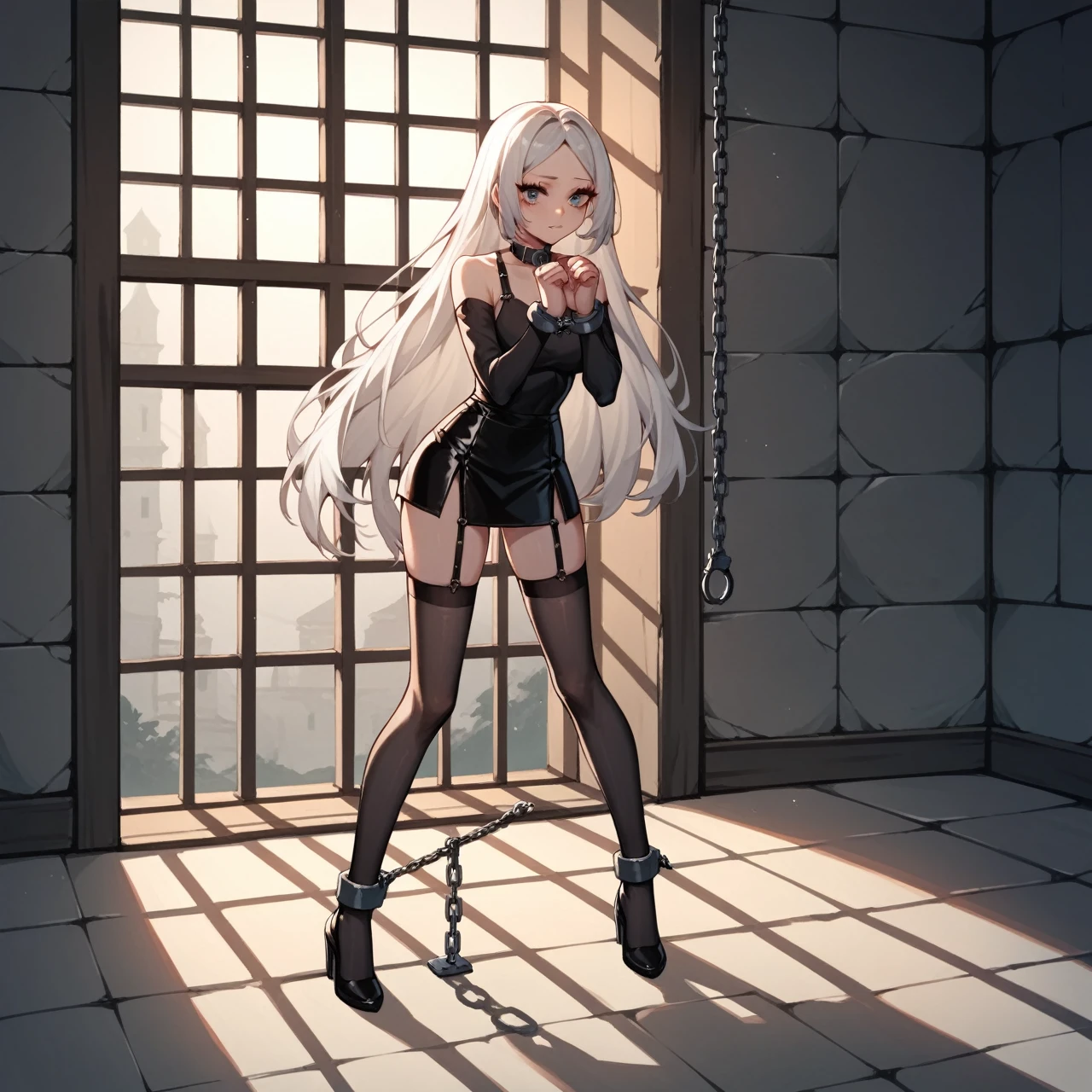 check_9, check_8_up, check_7_up, check_6_up, check_5_up, check_4_up, source_anime, 1 woman, get down on your knees, White hair, straight hair, Very long hair, submissive look, WW chain, shackles, Came down with a weapon, doors, clean hair, black top, Long sleeves, Short skirt, Short, thigh high black nylon stockings, dungeon, night, Best quality, better resolution, 4k uhd, Is on my knees, leather collar on a strap, lean girl, Thin legs, long eyelashes, mascara, pomade, babyface, leather handcuffs on wrist straps with chain, Shackled Hands, hands together, leather handcuffs on straps shackled the ankles of the legs
 