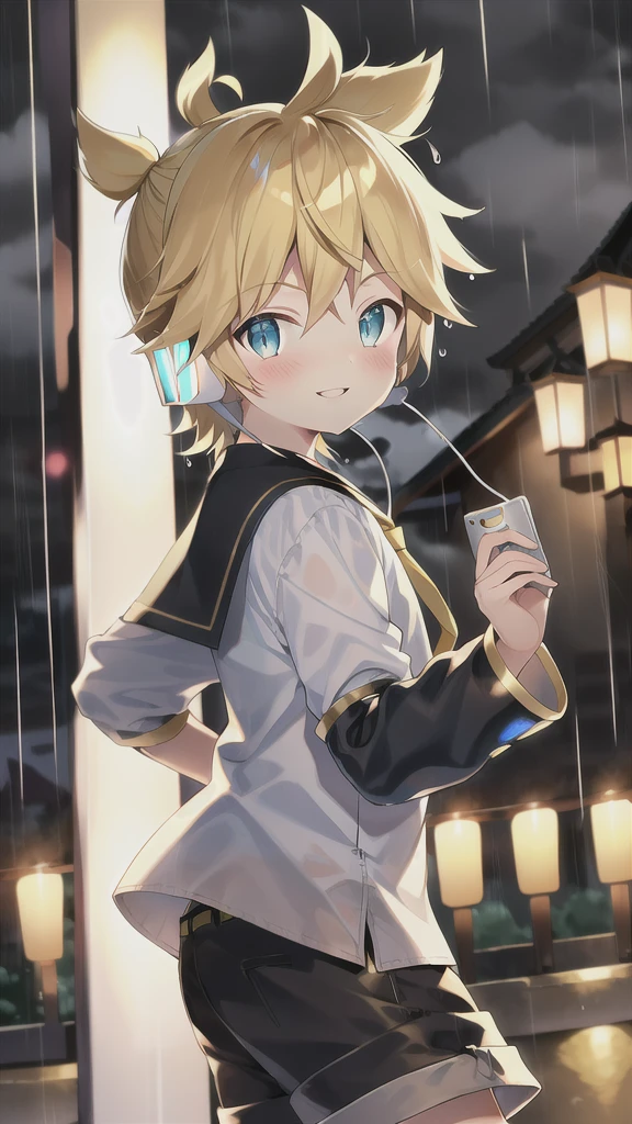 best quality, 10 year old boy, Kagamine Len, cute,, over small sailor uniform, shorts, necktie, earphone, parted lips, full blush, dancing in a rainy dark night, seductive smile to the viewer