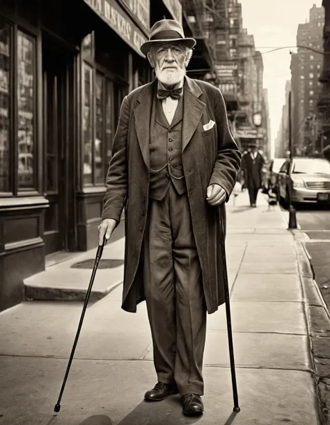 a portrait of an old man with a cane walking on the streets of new york, tom sepia, early 1900s style, photorrealistic, high res...