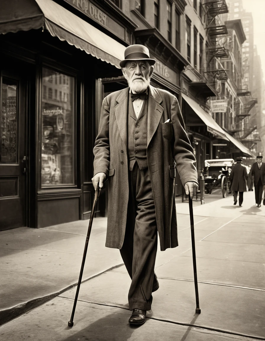 A portrait of an old man with a cane walking on the streets of New York, tom sepia, early 1900s style, photorrealistic, high resolution, 1900s