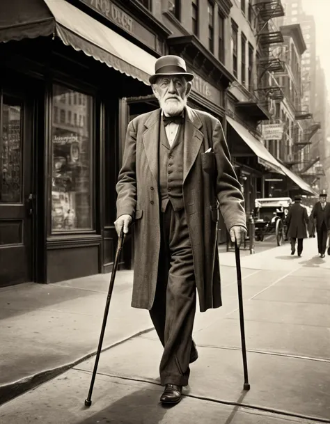 a portrait of an old man with a cane walking on the streets of new york, tom sepia, early 1900s style, photorrealistic, high res...