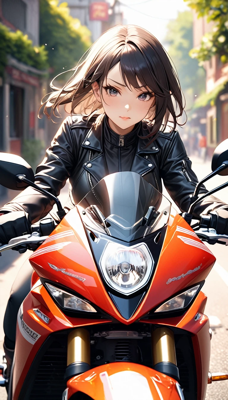 Beautiful female motorcyclist wearing black leather jacket.Domineering temperament,Full of confidence and dignity.Cold and indifferent expression,Exuding an aura of inviolability。Riding a motorcycle demonstrates his outstanding leadership skills。perfect composition.best quality、High resolution、、sharpest focus、Hyper-realistic photos、Super accurate photos、Depth of Field、perfect anatomy，and texture details、Bright and fresh filter light and shadow、Scenery background、dream