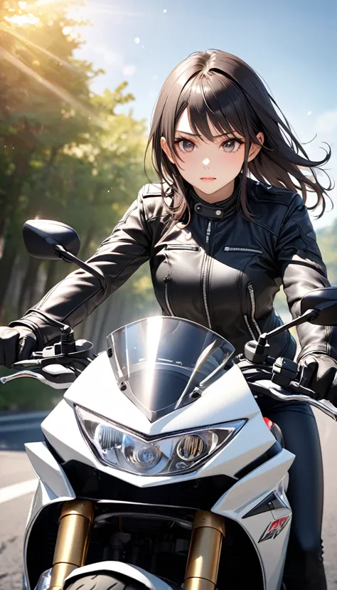 beautiful female motorcyclist wearing black leather jacket.domineering temperament,full of confidence and dignity.cold and indif...