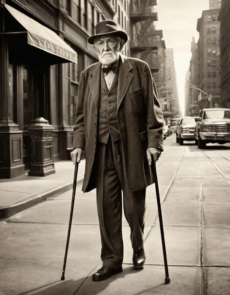 a portrait of an old man with a cane walking on the streets of new york, tom sepia, early 1900s style, photorrealistic, high res...