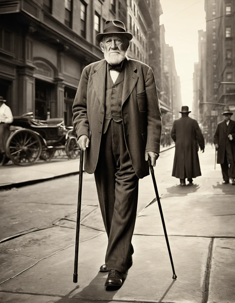 A portrait of an old man with a cane walking on the streets of New York, tom sepia, early 1900s style, photorrealistic, high resolution, 1900s