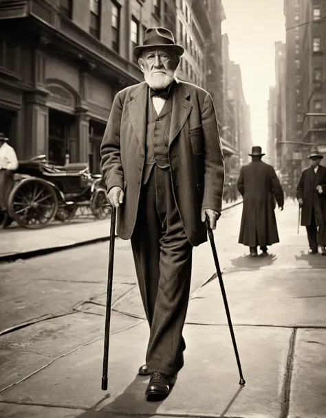 a portrait of an old man with a cane walking on the streets of new york, tom sepia, early 1900s style, photorrealistic, high res...