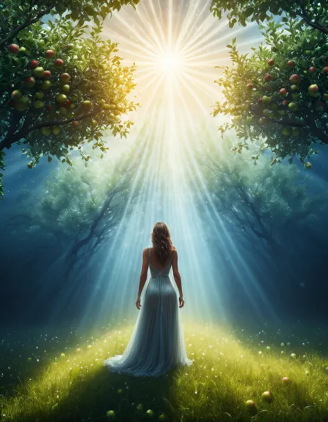 4k ultrarealistic, high detail photo of a woman standing, in a mysterious heavenly enviroment with apple trees, god rays, 5gpsty...