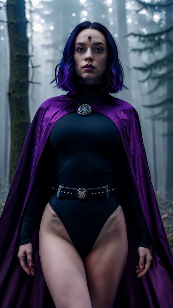 upper body shot of raven, hotraven, pale skin, black leotard, turtleneck, tights, cape, glowing eyes, belt, jewels, medallion, athletic, looking at viewer, night, dark forest, mist, fog, volumetric lighting, best quality, masterpiece, intricate details, tonemapping, sharp focus, hyper detailed, realistic