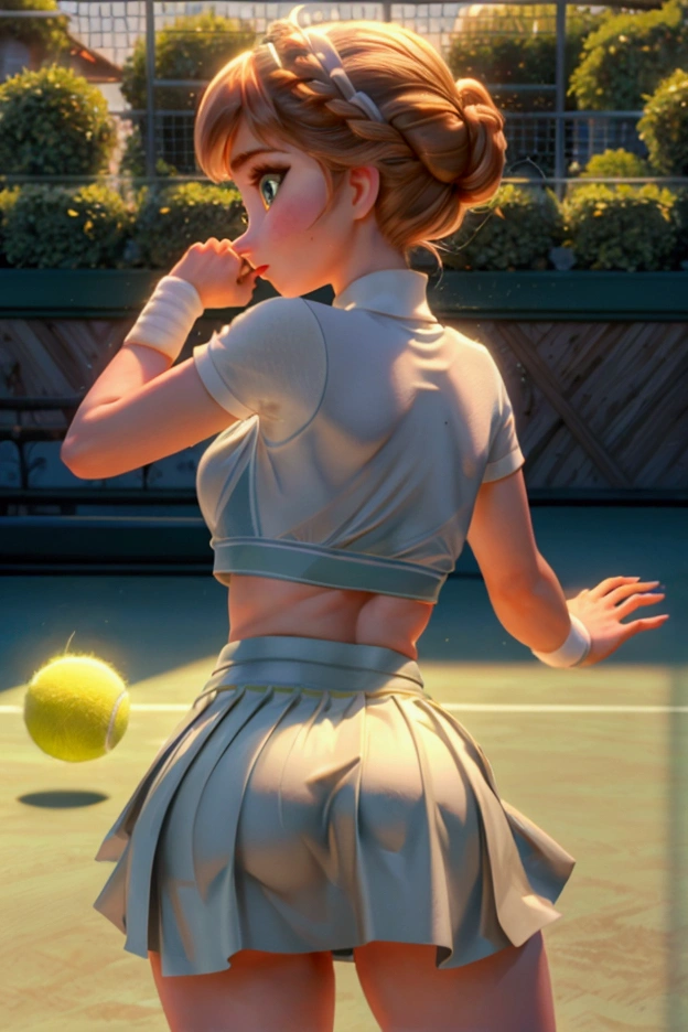 ((Best Quality)), (masterpiece)), (Details: 1.4), 3D, High resolution, (masterpiece: 1.4), ultra detailed, Beautiful Girl 1 Person, Anna frozen Disney woman image, hair tied, beautiful light eyes, beautiful face, tennis sportswear, very short skirt, extra short skirt, skirt up, Soft breeze, ((Visible crotch)), ((without underwear)), ((picking up tennis ball)) , (photo from the floor), ((photo from the floor)), photo from behind, perfect buttocks, tennis court scenery, (great detail scenography), Well made hands, skin detail, ((pose en cuncillas)). looking back . natural light 