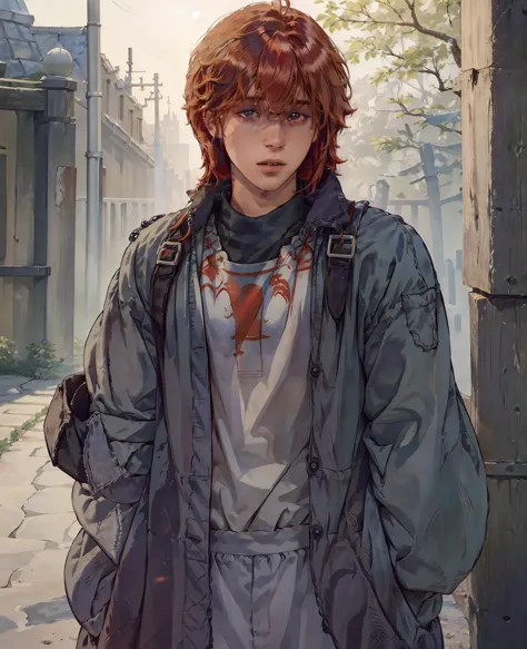 a young man with red hair and red eyes, wearing normal villager clothes, detailed facial features, intricate clothing textures, ...