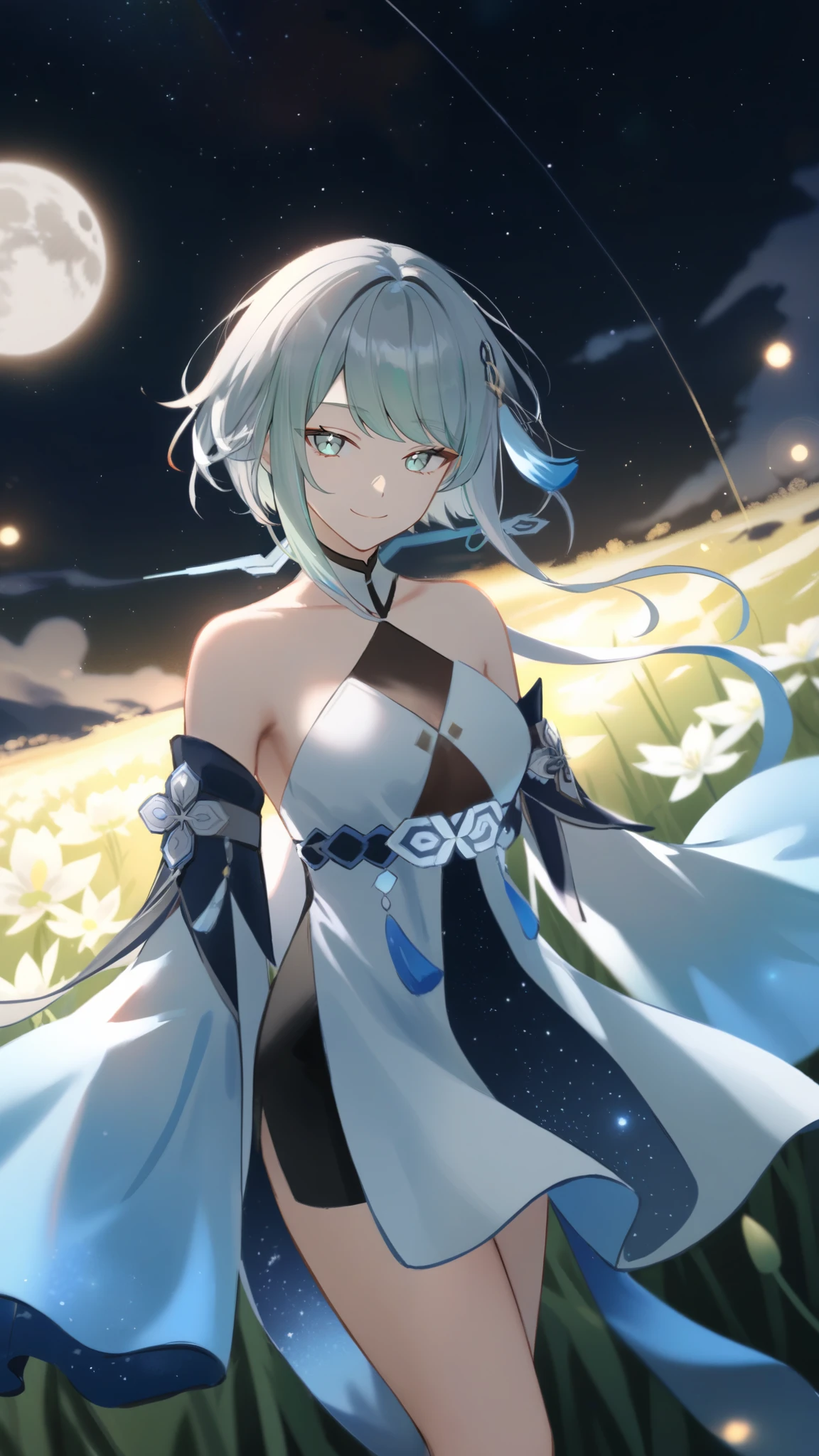 1girl, guizhong_\(genshin_impact\),light grey hair,short_hair_with_long_locks,starry_sky_print,detached_sleeves, long sleeves_past_fingers,hanfu,illustrated by matsuryuu and agahari and dsmile,pale blue eyes,stunning field of softly glowing blue and white glaze lilies,night scene,gentle smile,moonlight,glossy lips,vivid anime coloring,cel shading,smooth, soft dreamy focus,anklet,halter_top,white clothes,highly detailed,digital painting,field of flowers,bare_shoulders,wlop,barefoot,cool night tones, magical night scene,masterpiece, best quality, film, professional, 4k, highly detailed,Guardian nebula of rainbow light and silvery vapor,starry,cosmic,goddess,rich color,hdr,silver moon,dancing,floating