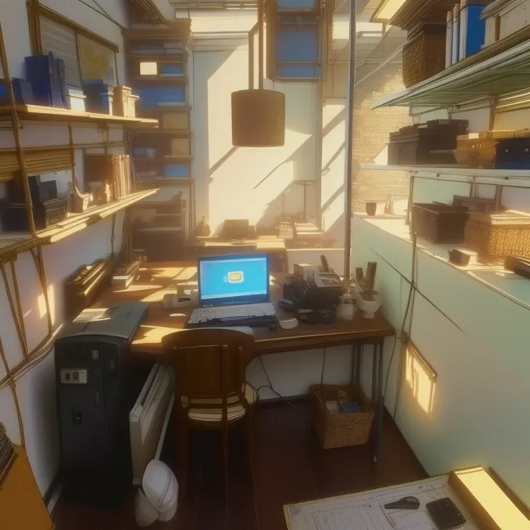 there is a computer on a desk in a room with many shelves., photo for a store, toy room, messy room, completely filled space, a ...