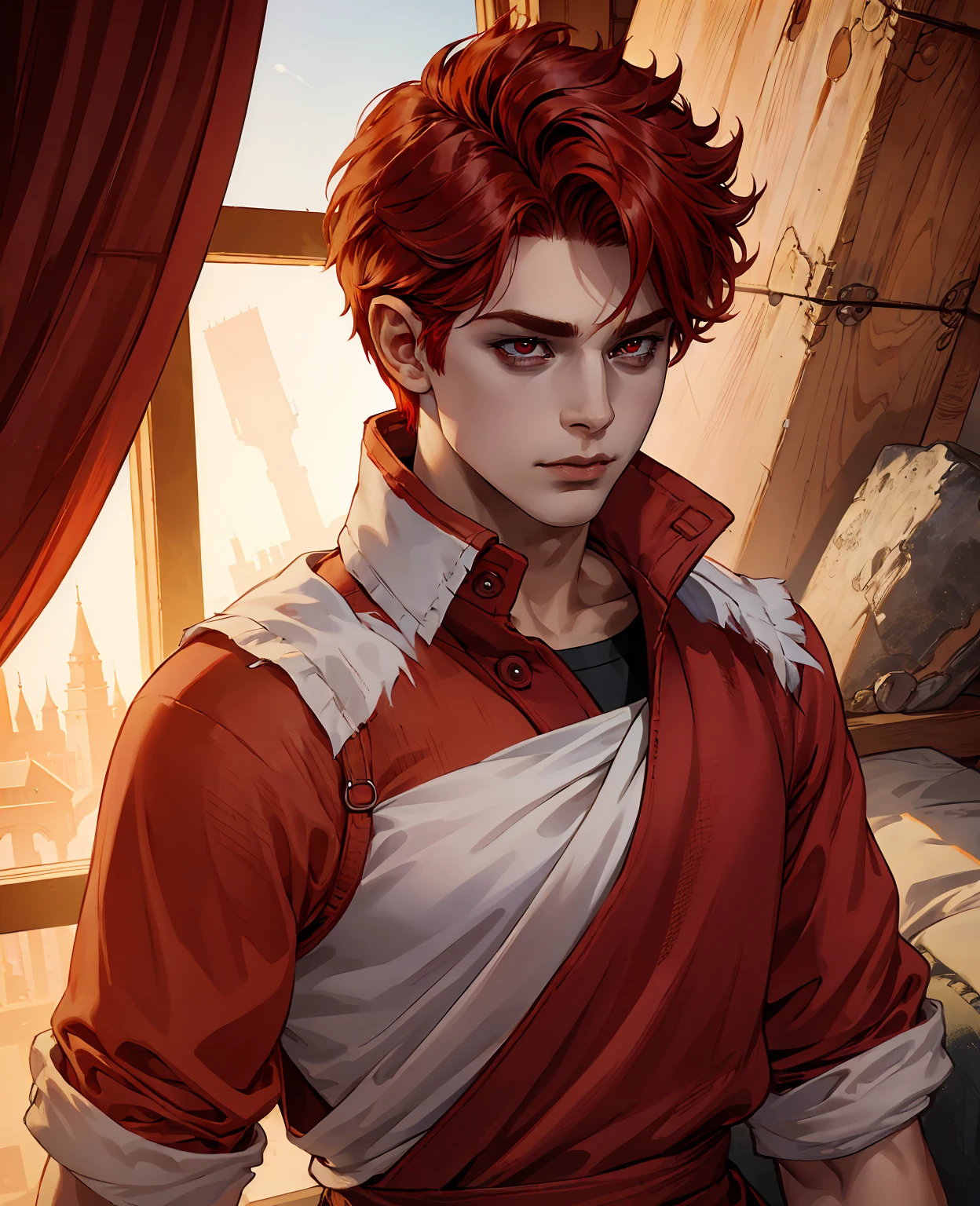 a young man with red hair and red eyes, wearing normal villager clothes, detailed portrait, ultra high resolution, 8k, photorealistic, dramatic lighting, rich colors, cinematic, fantasy style, digital painting