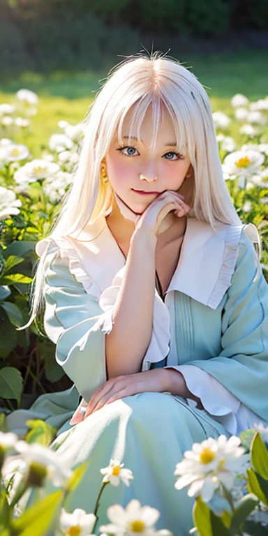 (masterpiece, best quality),1. Girl with long white hair sits in a field of green plants and flowers, her hand under her chin, Warm lighting, White Dress, Blurred foreground