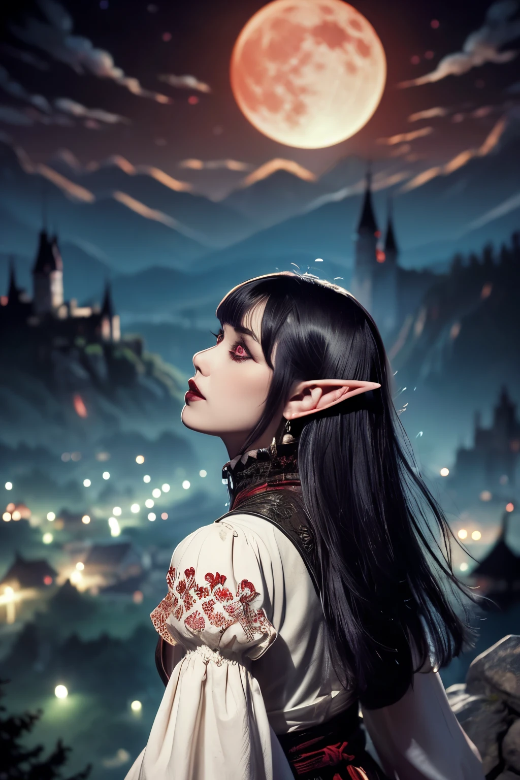 (Ultra-detailed face, looking away, Fantasy Illustration with Gothic, Ukiyo-e, Comic Art, Rich colors), 
BREAK 
(Medieval Eastern European world, red moon, thick fog, deep forest, castle on a sheer cliff, Transylvania, Dracula legend, werewolf legend), 
BREAK 
(DarkElves: A middle-aged dark elf woman with silver color hair, blunt bangs, bob cut and dark purple color skin, lavender color eyes), 
BREAK 
(Dark elf female Dracula hunter with beads woven into her hair, wearing a white ornate ruffled blouse, embroidered red vest, leather pants and knee-high black boots.), 
BREAK 
(The female dark elf Dracula Hunter, with her back turned, gazes at Dracula's castle from the top of a small hill, illuminated by the red moon. In one hand she holds a silver dagger and a silver crossed talisman. parabolic effect)