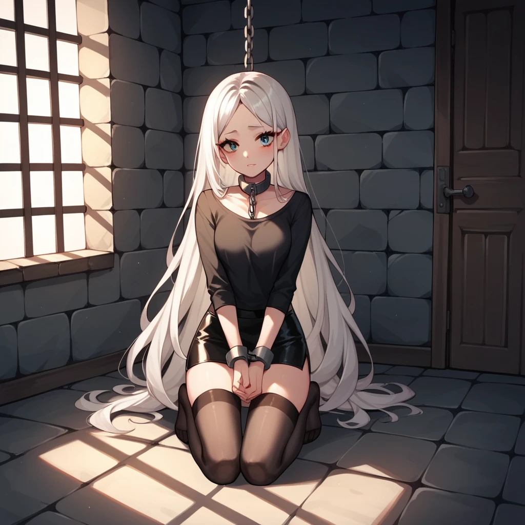 check_9, check_8_up, check_7_up, check_6_up, check_5_up, check_4_up, source_anime, 1 woman, Get on your knees, White hair, straight hair, Very long hair, playful look, WW chain, shackles, Came down with a weapon, doors, clean hair, black top, long sleeves, Short skirt, Short, black nylon thigh high stockings, dungeon, night, Best quality, better resolution, 4k uhd, Is on my knees, leather dog collar with strap, lean girl, thin legs, long eyelashes, mascara, pomade, leather wrist cuffs with chain, Shackled Hands, hands together, leather handcuffs on belts shackled the ankles of the legs, 
 