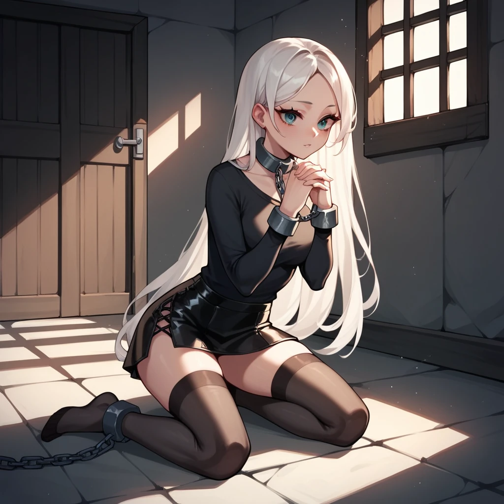 check_9, check_8_up, check_7_up, check_6_up, check_5_up, check_4_up, source_anime, 1 woman, Get on your knees, White hair, straight hair, Very long hair, playful look, WW chain, shackles, Came down with a weapon, doors, clean hair, black top, long sleeves, Short skirt, Short, black nylon thigh high stockings, dungeon, night, Best quality, better resolution, 4k uhd, Is on my knees, leather dog collar with strap, lean girl, thin legs, long eyelashes, mascara, pomade, leather wrist cuffs with chain, Shackled Hands, hands together, leather handcuffs on belts shackled the ankles of the legs, 
 