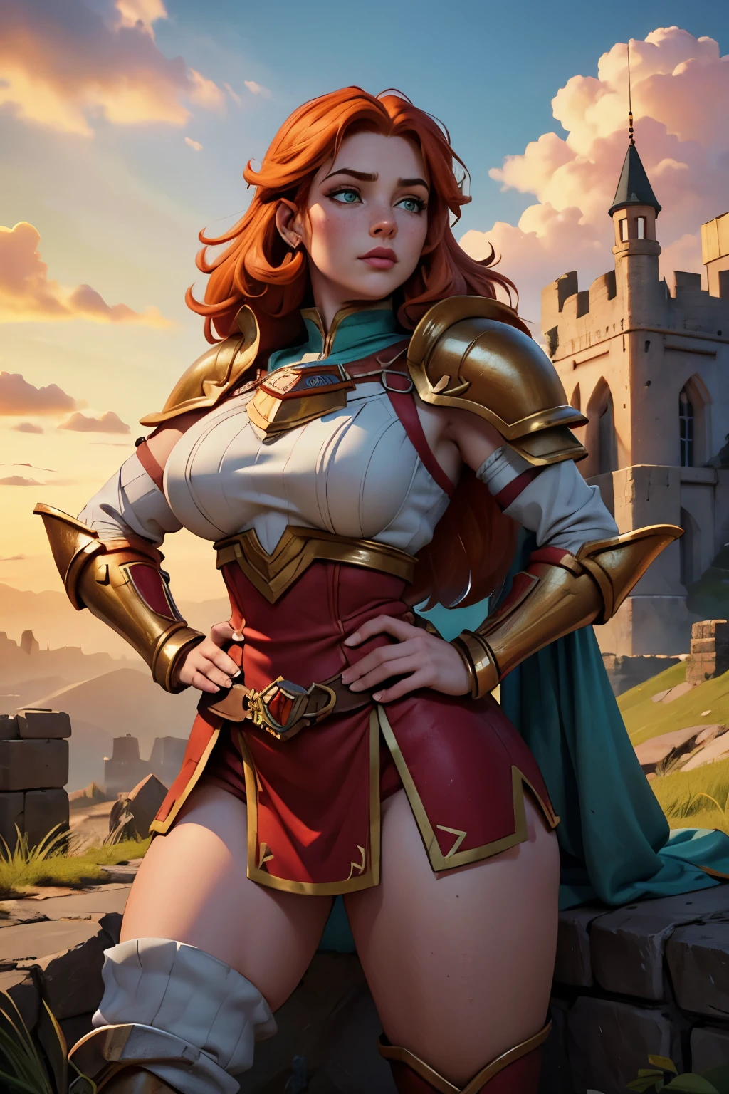 Close up of Dwarven woman, orange hair, maroon armor with gold trim, heavy armor, chubby cheeks, green eyes, freckles on cheeks, freckles on legs, freckles on top of breasts,
Castle ruins background,  large broken stones litter the area.  Show her standing with her hands on her hips. super high quality, super high detail, masterpiece, 4k, 8k, HDR, masters of the universe,  vibrant colors,  multicolor sky, colorful clouds 