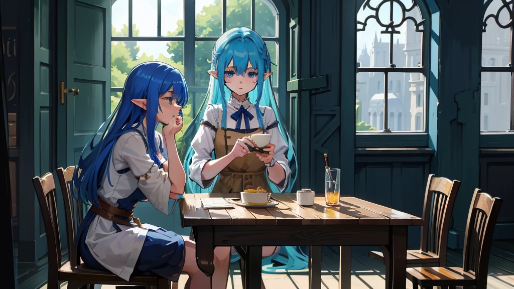 Create an anime and light novel style image of a grand, dilapidated castle room with a worn wooden table in the center. Seated at the table are Aslan, a young male elf with white hair partially covering her eyes and a {slender physique}, and Elizabeth, a tall and {strong half-elf girl} with vibrant blue hair. They are sharing a simple, improvised cake, adding a touch of warmth to the scene. The room, though in ruins, exudes a serene and melancholic atmosphere. Broken windows allow a gentle breeze to flow through, with soft light filtering in, casting a subtle glow that creates a fleeting moment of peace and hope amidst the ruins. Both characters should be dressed in fantasy era attire that complements their features and adds to the overall magical ambiance., 