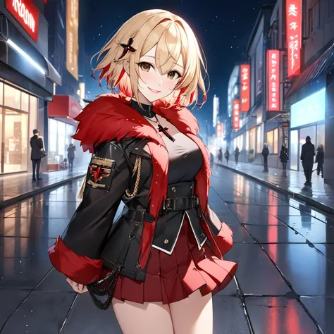 a woman wearing luxury red fur jacket, short red skirt, black leather boots, standing posture, blonde hair, short hair, red frin...