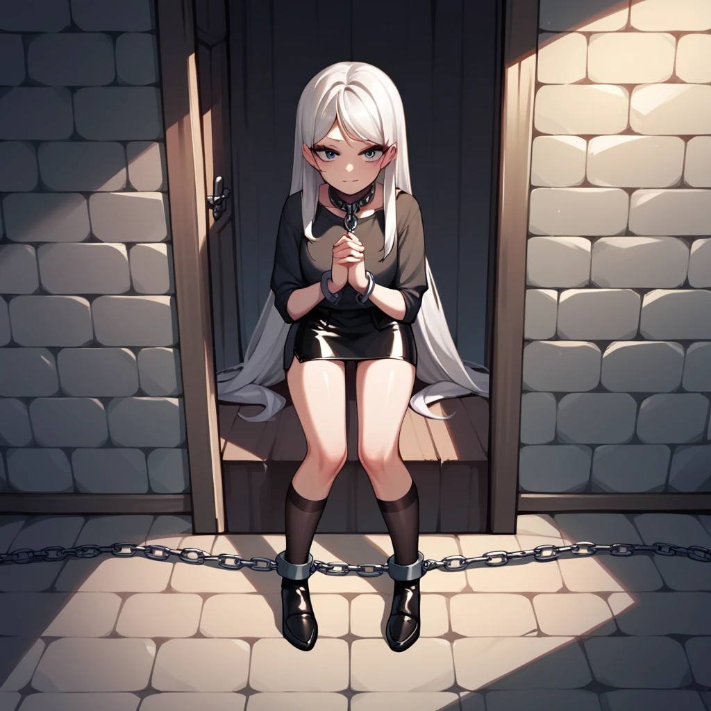 check_9, check_8_up, check_7_up, check_6_up, check_5_up, check_4_up, source_anime, 1 woman, Get on your knees, White hair, straight hair, Very long hair, playful look, WW chain, shackles, Came down with a weapon, doors, clean hair, black top, long sleeves, Short skirt, Short, black nylon thigh high stockings, dungeon, night, Best quality, better resolution, 4k uhd, Is on my knees, leather dog collar with strap, lean girl, thin legs, long eyelashes, mascara, pomade, leather wrist cuffs with chain, Shackled Hands, hands together, leather handcuffs on belts shackled the ankles of the legs, 
 