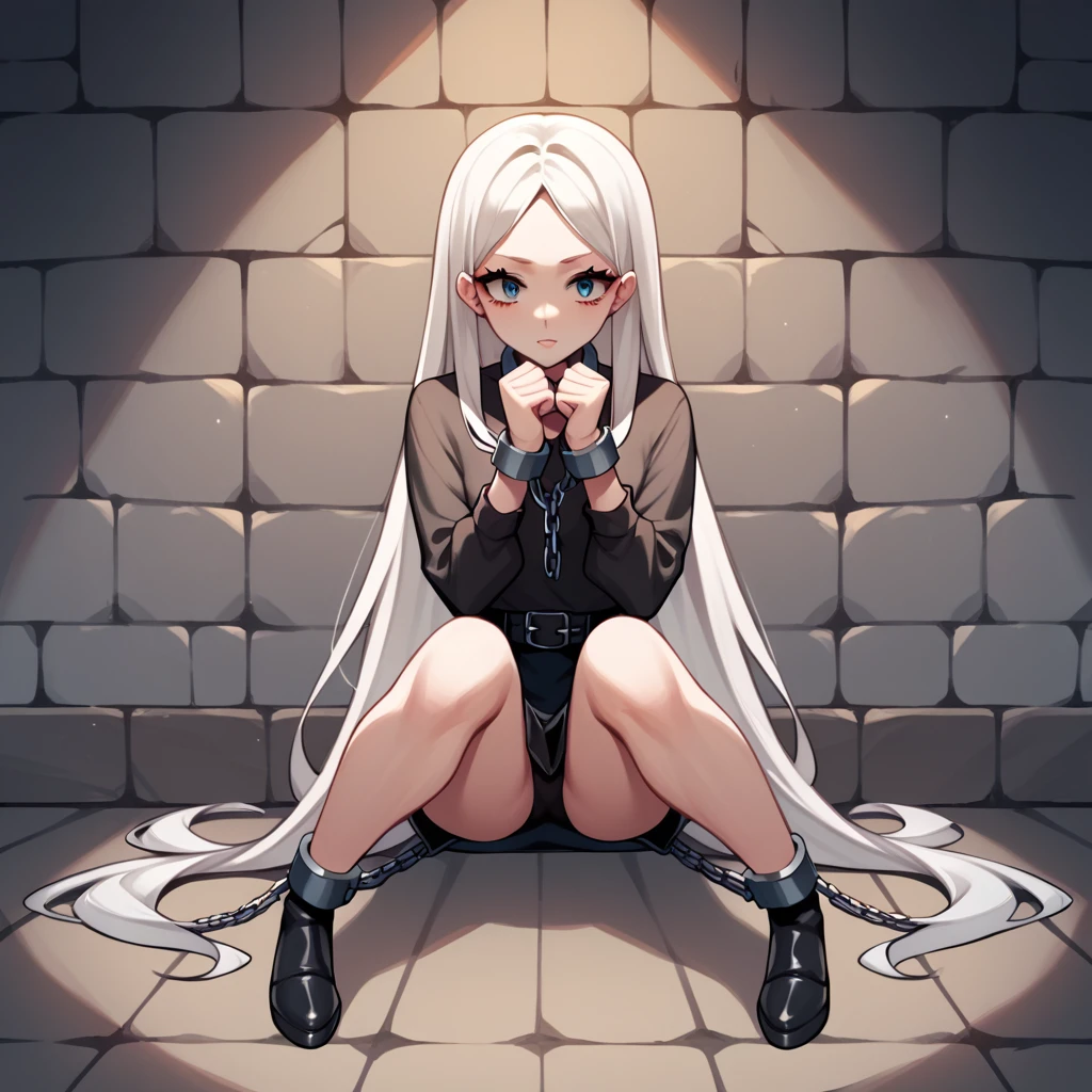 check_9, check_8_up, check_7_up, check_6_up, check_5_up, check_4_up, source_anime, 1 woman, Get on your knees, White hair, straight hair, Very long hair, playful look, WW chain, shackles, Came down with a weapon, doors, clean hair, black top, long sleeves, Short skirt, Short, black nylon thigh high stockings, dungeon, night, Best quality, better resolution, 4k uhd, Is on my knees, leather dog collar with strap, lean girl, thin legs, long eyelashes, mascara, pomade, leather wrist cuffs with chain, Shackled Hands, hands together, leather handcuffs on belts shackled the ankles of the legs, 
 