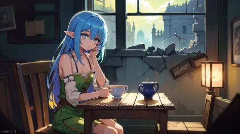 create an anime and light novel style image of a grand, dilapidated castle room with a worn wooden table in the center. seated a...