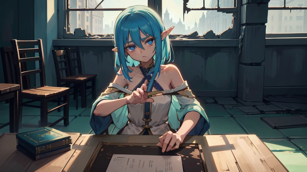 Create an anime and light novel style image of a grand, dilapidated castle room with a worn wooden table in the center. Seated at the table are Aslan, a young male elf with white hair partially covering her eyes and a {slender physique}, and Elizabeth, a tall and {strong half-elf girl} with vibrant blue hair. They are sharing a simple, improvised cake, adding a touch of warmth to the scene. The room, though in ruins, exudes a serene and melancholic atmosphere. Broken windows allow a gentle breeze to flow through, with soft light filtering in, casting a subtle glow that creates a fleeting moment of peace and hope amidst the ruins. Both characters should be dressed in fantasy era attire that complements their features and adds to the overall magical ambiance., 