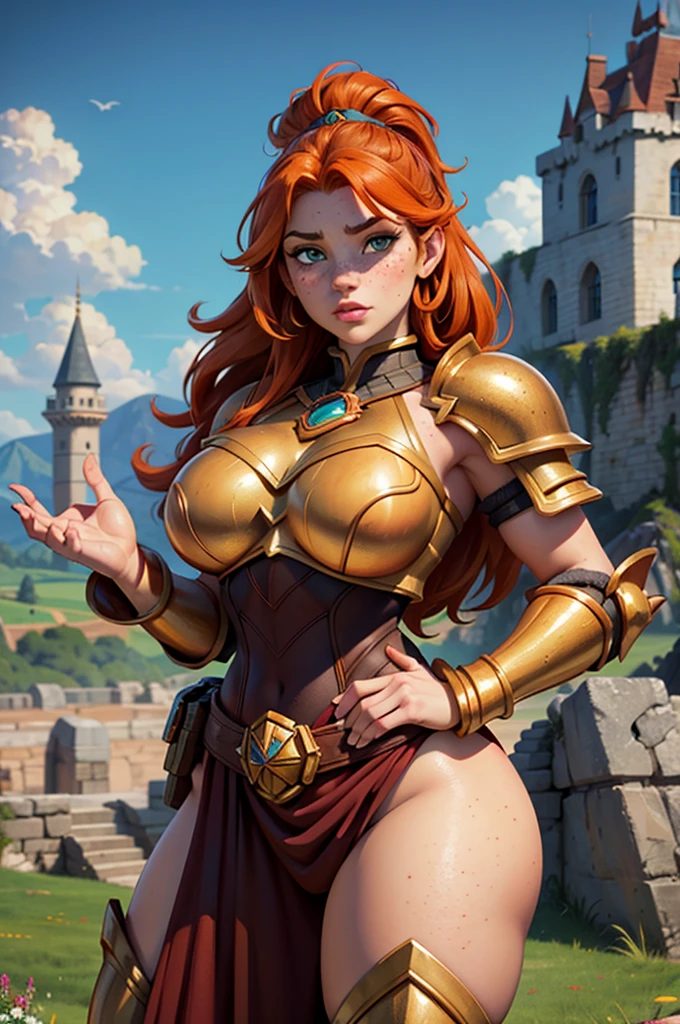 Close up of Dwarven woman, orange hair, maroon armor with gold trim, heavy armor, chubby cheeks, green eyes, freckles on cheeks, freckles on legs, freckles on top of breasts,
Castle ruins background,  large broken stones litter the area.  Show her standing with her hands on her hips. super high quality, super high detail, masterpiece, 4k, 8k, HDR, masters of the universe,  vibrant colors,  multicolor sky, colorful clouds 