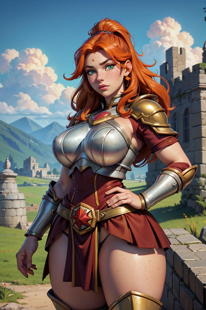 Close up of Dwarven woman, orange hair, maroon armor with gold trim, heavy armor, chubby cheeks, green eyes, freckles on cheeks, freckles on legs, freckles on top of breasts,
Castle ruins background,  large broken stones litter the area.  Show her standing with her hands on her hips. super high quality, super high detail, masterpiece, 4k, 8k, HDR, masters of the universe,  vibrant colors,  multicolor sky, colorful clouds 