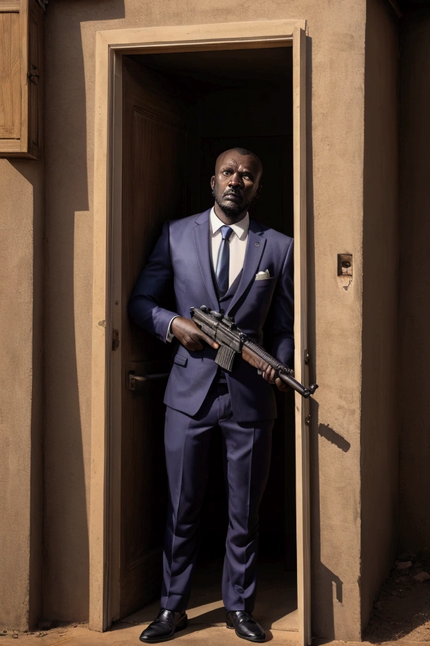 African man with a gun. huddled behind the door. he is wearing a suit. he looks like an intruder.