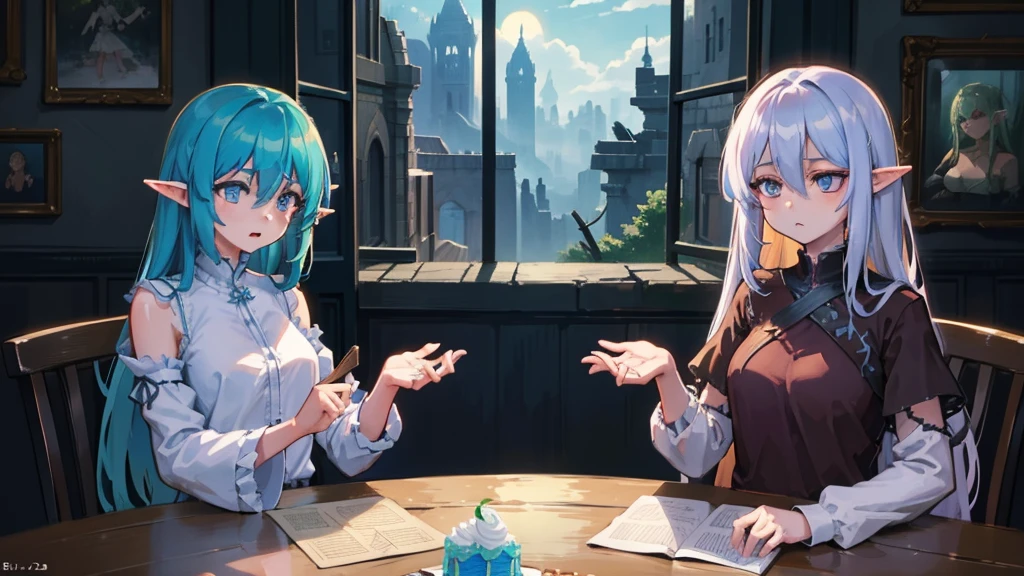 Create an anime and light novel style image of a grand, dilapidated castle room with a worn wooden table in the center. Seated at the table are Aslan, a young male elf with white hair partially covering her eyes and a {slender physique}, and Elizabeth, a tall and {strong half-elf girl} with vibrant blue hair. They are sharing a simple, improvised cake, adding a touch of warmth to the scene. The room, though in ruins, exudes a serene and melancholic atmosphere. Broken windows allow a gentle breeze to flow through, with soft light filtering in, casting a subtle glow that creates a fleeting moment of peace and hope amidst the ruins. Both characters should be dressed in fantasy era attire that complements their features and adds to the overall magical ambiance., 